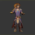 Fantasy Wizard Character in Purple Blue Robe with Hat Holding Decorated Staff and Brown Boots
