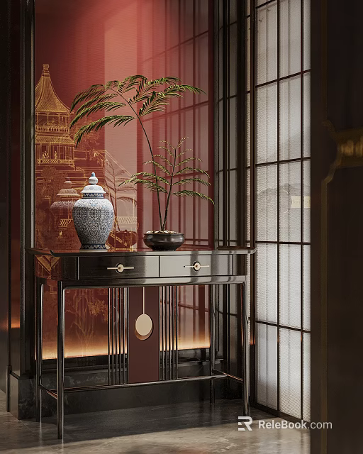 Chinese Style Entryway Console Table With Blue And White Porcelain Vase Potted Plant And Screen 3d model 