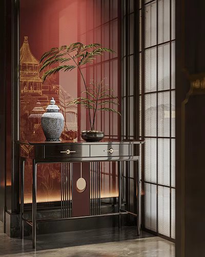 Chinese Style Entryway Console Table With Blue And White Porcelain Vase Potted Plant And Screen 3d model