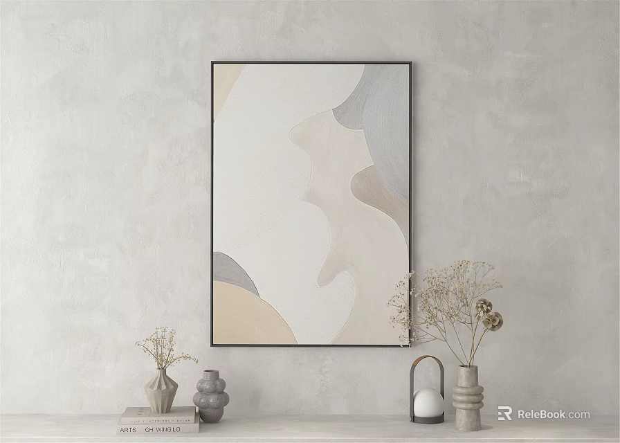 Abstract Painting On Gray Wall With White Table And Decorative Items 3d model