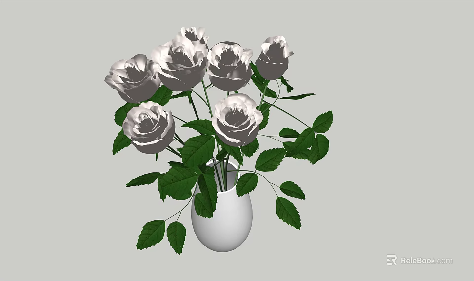 White Vase Arrangement With Fresh White Roses And Green Leaves 3d model 