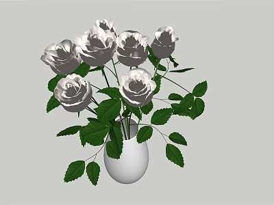 White Vase Arrangement With Fresh White Roses And Green Leaves 3d model