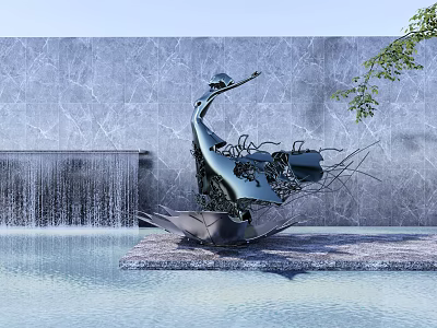 Metal Sculpture With Irregular Shape Branch Like Lines By Waterfall Gray Wall And Water Reflection 3d model