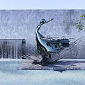 Metal Sculpture With Irregular Shape Branch Like Lines By Waterfall Gray Wall And Water Reflection