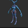Blue Skinned Horned Humanoid Creature 3D Model With Elongated Fingers And Purple Accents