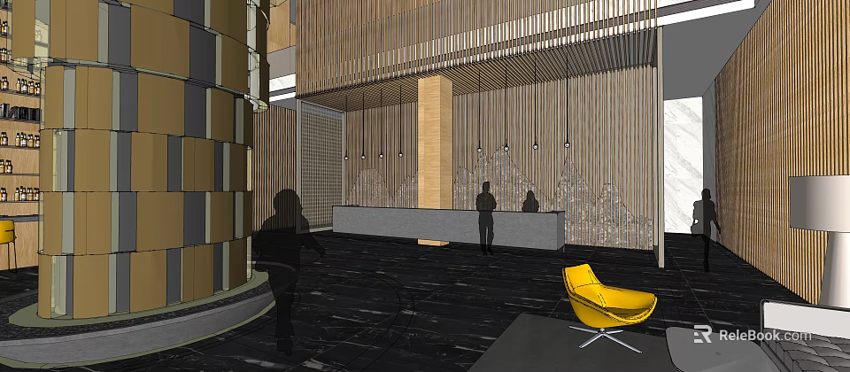 Modern Hotel Lobby Interior With Reception Desk Wooden Paneling Hanging Lights And Yellow Chair 3d model 