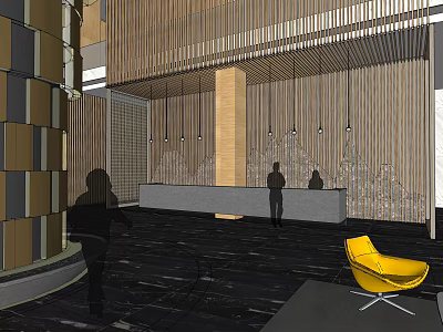 Modern Hotel Lobby Interior With Reception Desk Wooden Paneling Hanging Lights And Yellow Chair 3d model