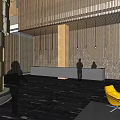 Modern Hotel Lobby Interior With Reception Desk Wooden Paneling Hanging Lights And Yellow Chair
