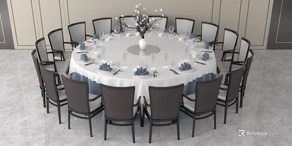 Elegant Round Dining Table Set With White Tablecloth Gray Chairs And Decorative Vase 3d model