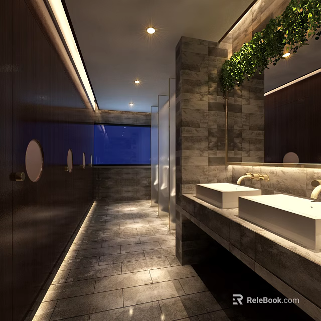 Modern Public Restroom With Two White Sinks Dark Walls Green Plants Mirrors And Lighting Design 3d model 