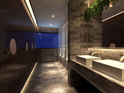 Modern Public Restroom With Two White Sinks Dark Walls Green Plants Mirrors And Lighting Design 3d model