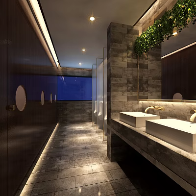 Modern Public Restroom With Two White Sinks Dark Walls Green Plants Mirrors And Lighting Design 3d model