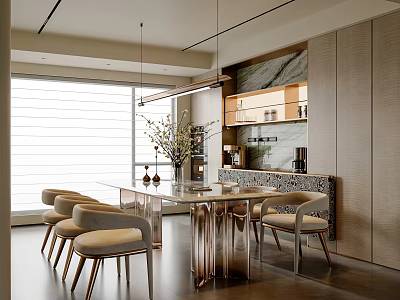 Modern Restaurant Interior With Dining Table Chairs Hanging Light And Cabinets 3d model