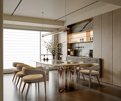 Modern Restaurant Interior With Dining Table Chairs Hanging Light And Cabinets 3d model