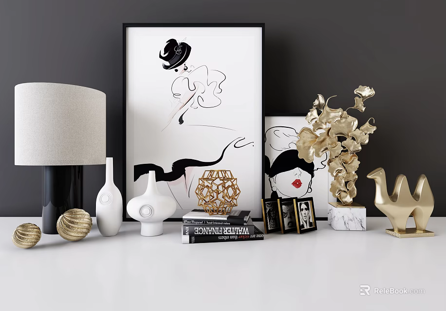 Modern Decorative Ornament Set With Lamp Artwork Golden Sculptures Vases And Books 3d model 