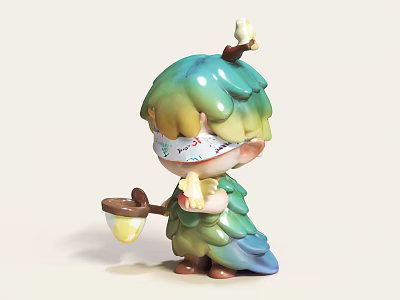 Cute Doll With Green Yellow Gradient Hair Small Bird On Head And Honey Jar 3d model