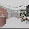 School Reception Area With Pink Desk Circular Ceiling Green Plants And Sofa Seating 3d model