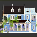 Colorful Decorated Building With Blue Pink Walls Vines Flowers Balcony And Pointed Roof