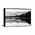 Black and White Landscape Painting With Lake Reflection Misty Mountains and Trees