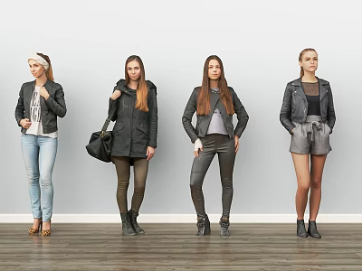 Four Women Modeling Stylish Casual Outfits Against White Background With Wooden Floor 3d model