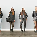 Four Women Modeling Stylish Casual Outfits Against White Background With Wooden Floor