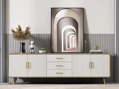 Modern White TV Stand with Gold Handles and Decorative Painting Ornaments on Gray Striped Wall 3d model