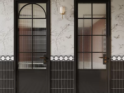 Black Grid Pattern Doors With Patterned Wallpaper Black White Tiles And Wall Lamp 3d model