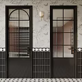 Black Grid Pattern Doors With Patterned Wallpaper Black White Tiles And Wall Lamp
