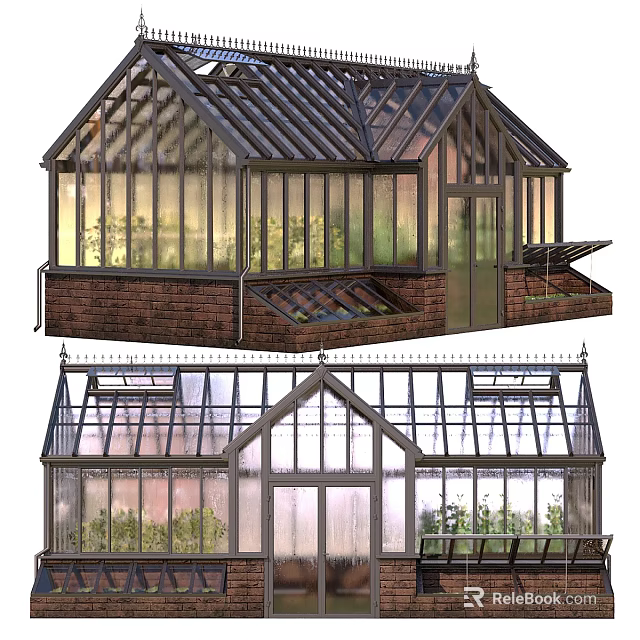 Classic Garden Greenhouse Design With Glass Panels And Brick Base For Plant 3d model 