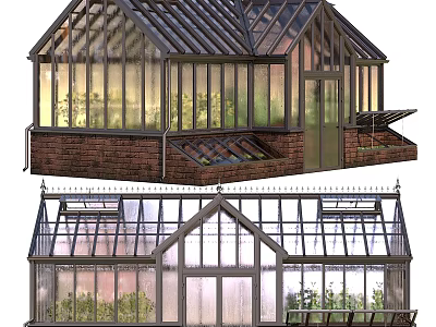 Classic Garden Greenhouse Design With Glass Panels And Brick Base For Plant 3d model