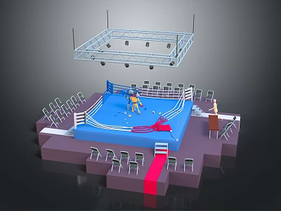 Indoor Boxing Ring With Boxers During Match Seating And Lighting Rig 3d model
