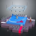Indoor Boxing Ring With Boxers During Match Seating And Lighting Rig