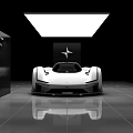 Polestar Synergy White Supercar Showcased In Modern Showroom With Ceiling Lighting Design