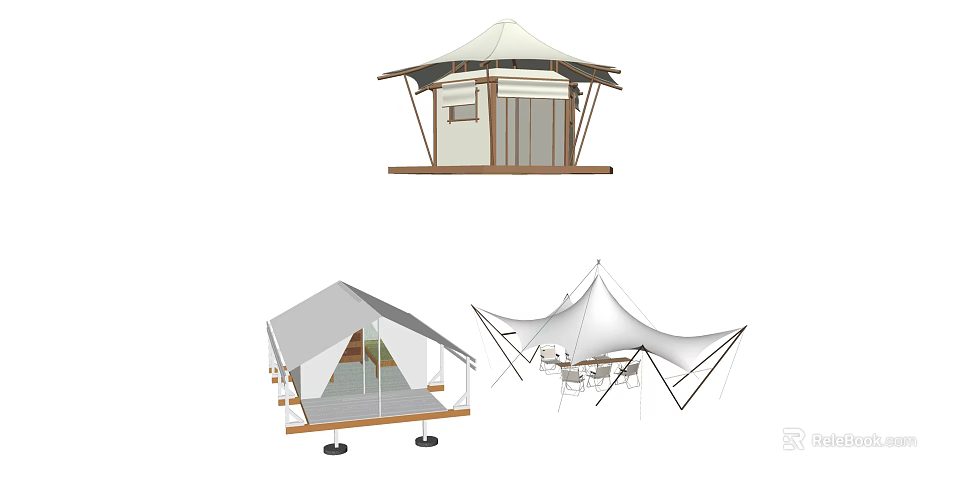 Modern Outdoor Tent Design With Platform Structure And Canvas Support Frame 3d model