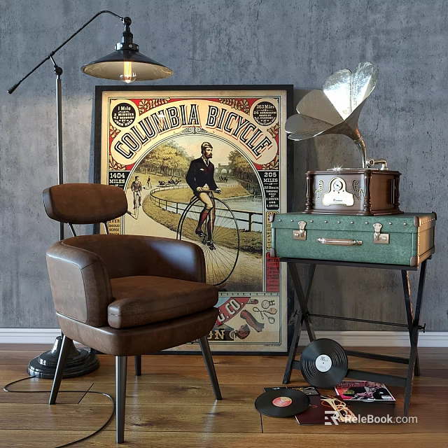 Brown Leather Leisure Chair In Vintage Room With Columbia Bicycle Poster Gramophone And Vinyl Record 3d model 