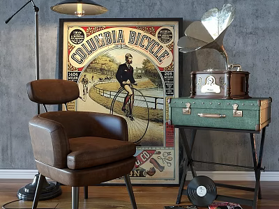 Brown Leather Leisure Chair In Vintage Room With Columbia Bicycle Poster Gramophone And Vinyl Record 3d model