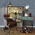 Brown Leather Leisure Chair In Vintage Room With Columbia Bicycle Poster Gramophone And Vinyl Record