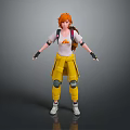 Man with red hair wearing white T-shirt yellow pants knee pads backpack against gray background