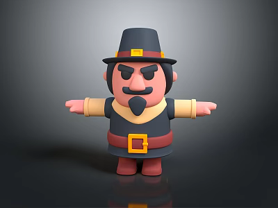 3D Cartoon Pilgrim Character With Black Hat Beard Yellow Belt Red Shoes And Outstretched Arms 3d model