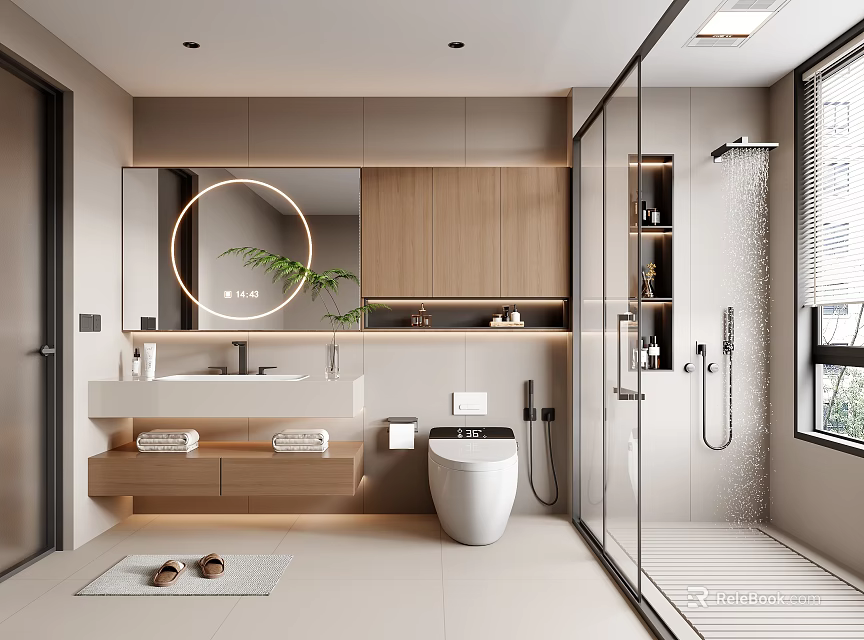 Modern Bathroom Interior With Round Mirror Wooden Cabinets White Toilet And Glass Shower 3d model 