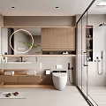 Modern Bathroom Interior With Round Mirror Wooden Cabinets White Toilet And Glass Shower