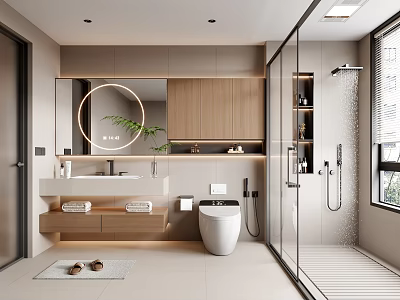 Modern Bathroom Interior With Round Mirror Wooden Cabinets White Toilet And Glass Shower 3d model