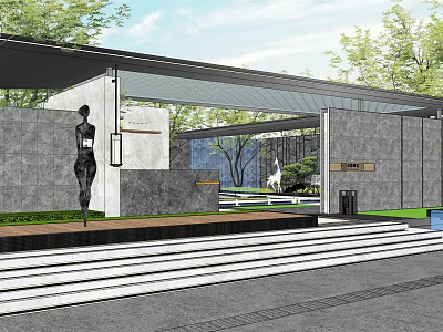 Modern Entrance Gate Design With Gray Walls Metal Canopy Steps And Greenery 3d model