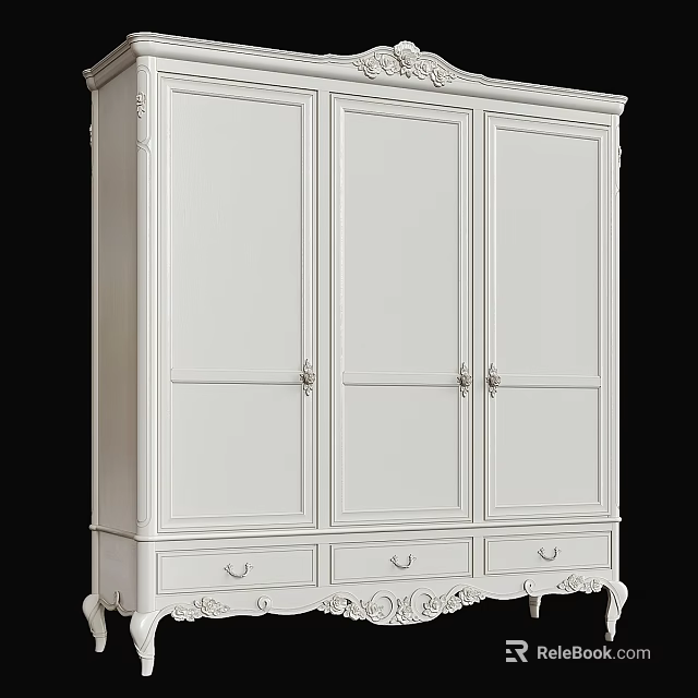 Classic White Wooden Armoire with Three Doors and Three Drawers for Bedroom Storage 3d model 