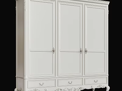 Classic White Wooden Armoire with Three Doors and Three Drawers for Bedroom Storage 3d model