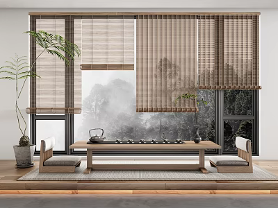 Tea Table And Chairs With Bamboo Blinds Misty Mountain View Potted Plant And Tea Set 3d model