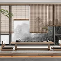Tea Table And Chairs With Bamboo Blinds Misty Mountain View Potted Plant And Tea Set