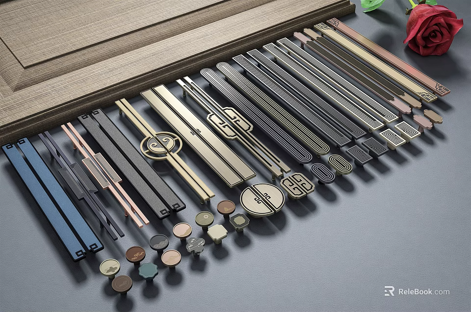 Various Styles Furniture Cabinet Handles With Black Blue Gold Brass Colors And Designs 3d model 