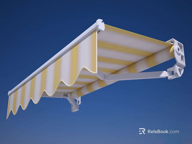 Retractable Awning With Yellow And White Striped Wavy Edge Fabric White Frame Outdoor Sunshade 3d model 