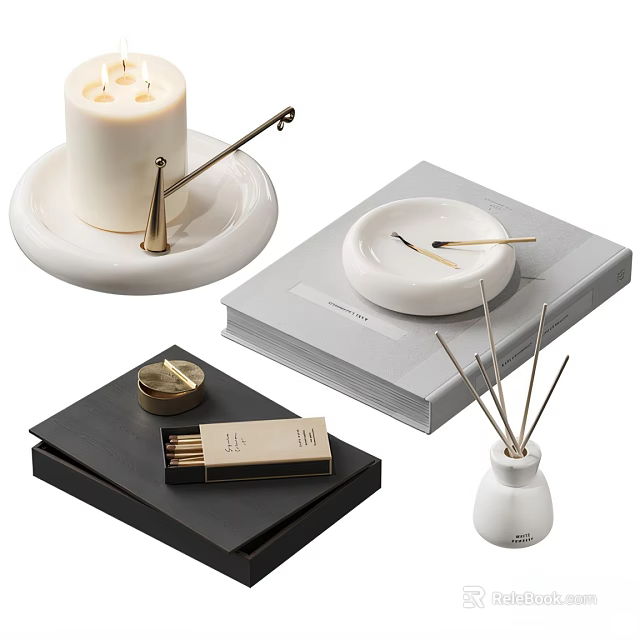 Stylish Decorative Accessory Set with Candle Holder Reed Diffuser Book Matchbox and Tray 3d model 